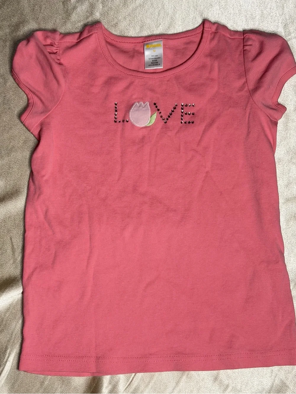Gymboree Girls Pink LOVE Tulip Applique Cotton T-Shirt Cap Sleeve Size 12 Retro